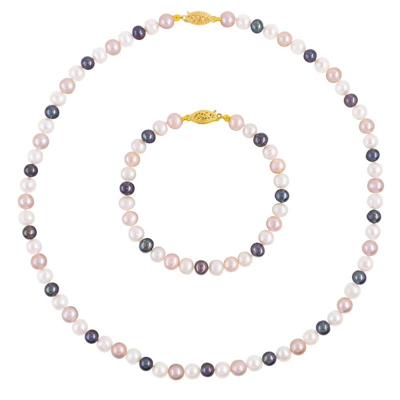 Σετ κολιέ & βραχιόλι με Κ14 χρυσό κούμπωμα και multicolor μαργαριτάρια - S124486